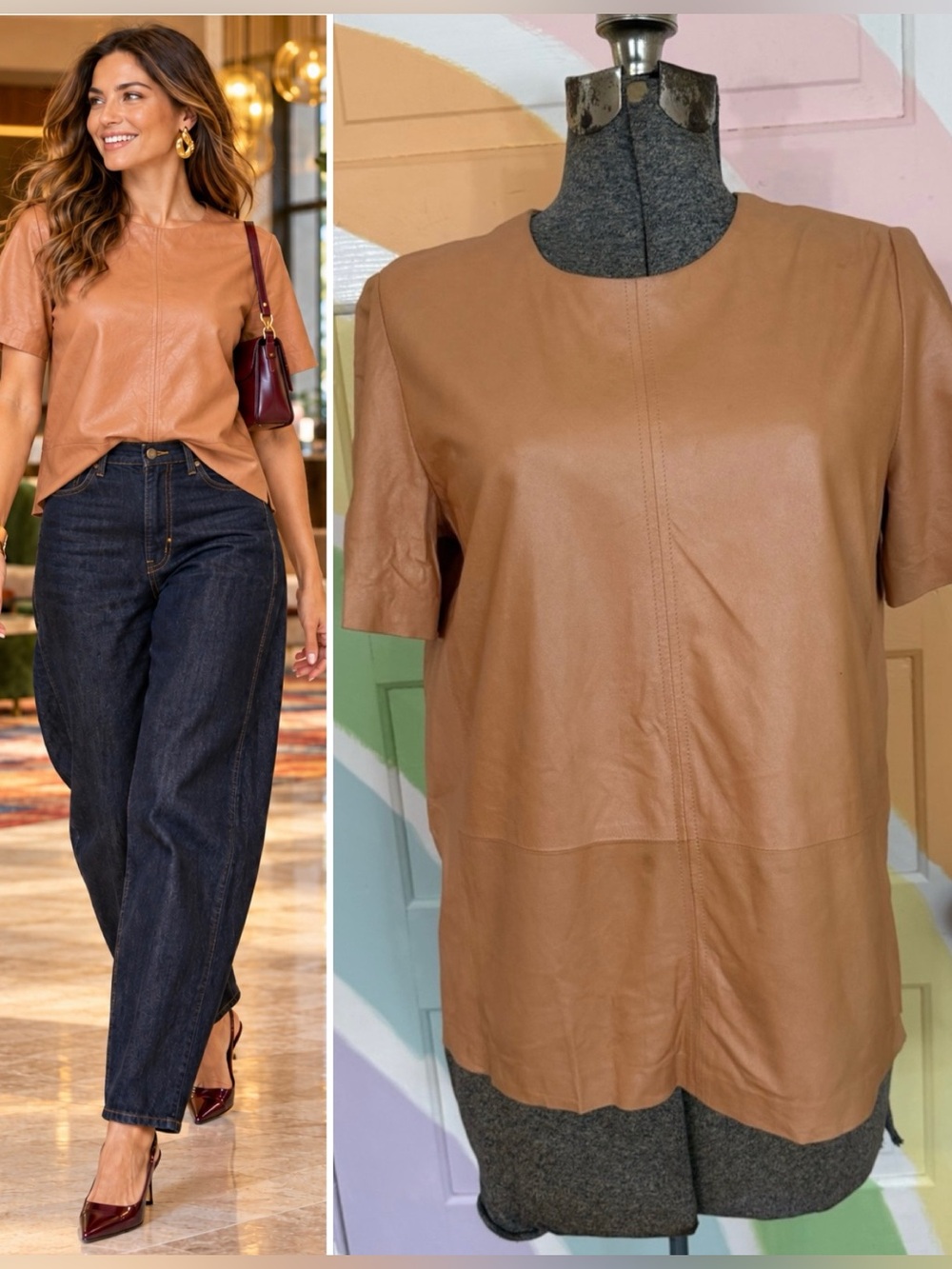 Truth & Pride Genuine Leather Shimmer Peach Short Sleeve Top Size M 💛🍄